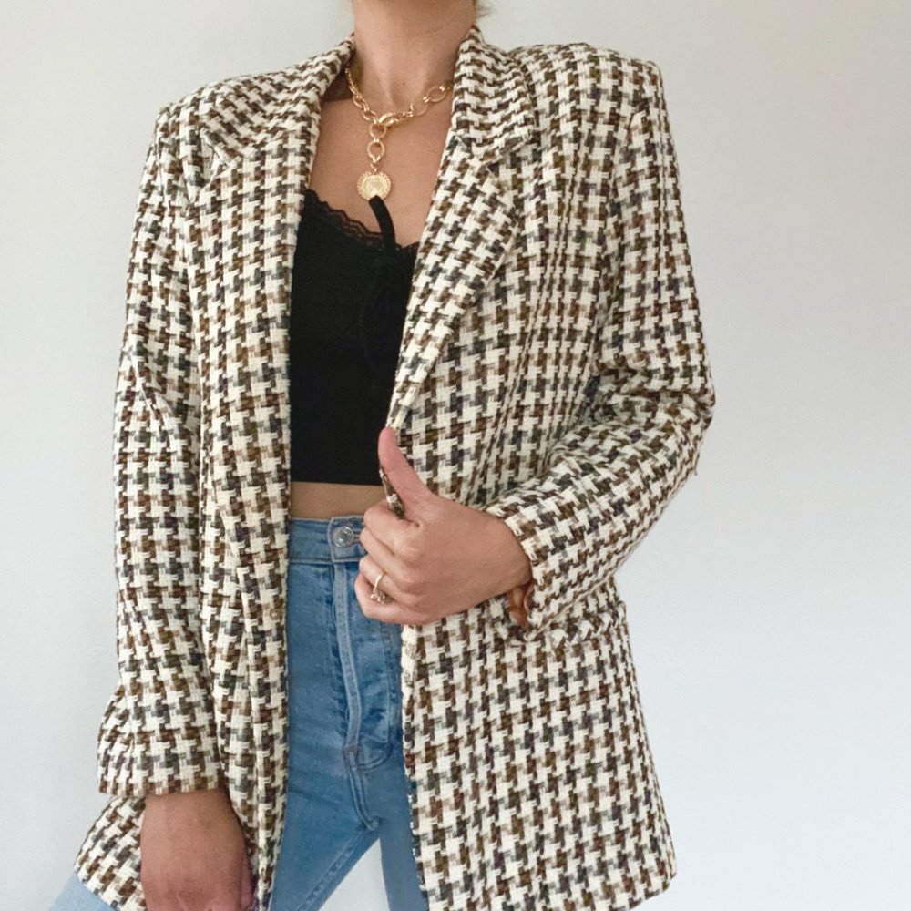 80s Tweed Houndstooth Blazer Style Coat - Picture 4 of 9